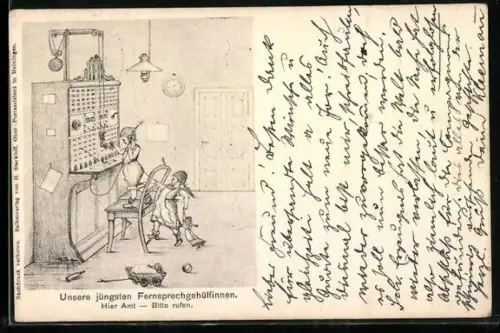 Künstler-AK H. Starkloff: Unsere jüngsten Fernsprechgehülfinnen, Mädchen als Telefonistinnen