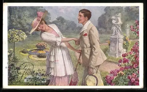 Künstler-AK H. Schubert: Lachendes Liebespaar im Park