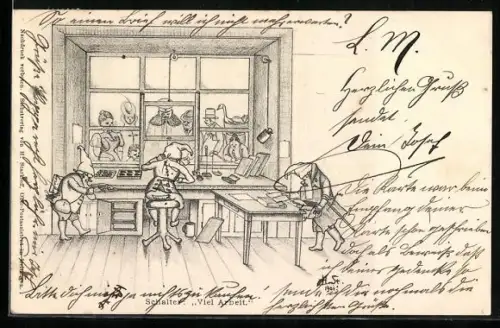 Künstler-AK H. Starkloff: Zwerge am Schalter, Viel Arbeit