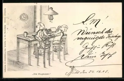 Künstler-AK H. Starkloff: Die Hugheser, Zwerge in einer Werkstatt