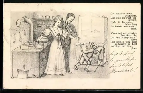 Künstler-AK H. Starkloff: Gar manches holde Mägdelein!, Mann und Frau mit Zwerg in Küche