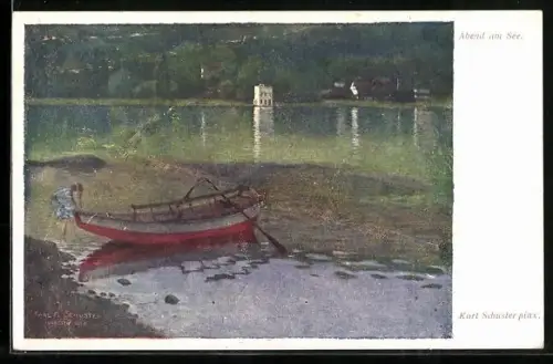 Künstler-AK Brüder Kohn (B.K.W.I) Nr.1433: Abend am See, Mädchen holt ihr Ruderboot an Land