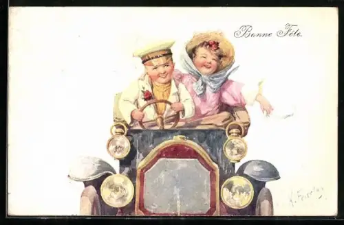Künstler-AK Karl Feiertag: Kleines Paar im Auto