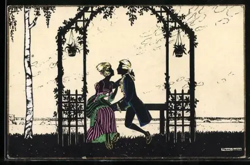 Künstler-AK Manni Grosze: Schattenbild, Liebespaar auf Bank sitzend