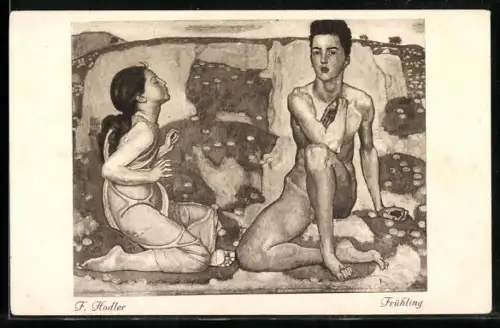 Künstler-AK Ferdinand Hodler: Essen, Folkwangmuseum, Bismarckstrasse 66, Nackter Mann & Frau im Frühling
