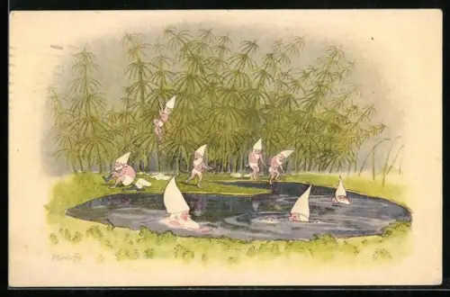 Künstler-AK Ernst Kreidolf: Zwerge nehmen ein Bad in der Pfütze