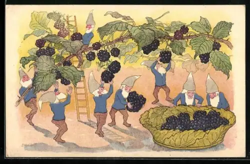 Künstler-AK Ernst Kreidolf: Herbst, Zwerge sammeln Weintrauben im Korb