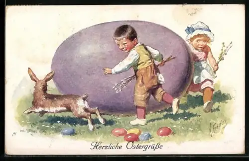 Künstler-AK Karl Feiertag: Kinder laufen hinter einem Osterhasen her