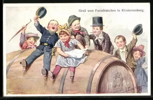 Künstler-AK Karl Feiertag: Klosterneuburg, Gruss vom Fasselrutschen