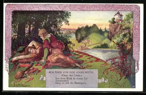 Künstler-AK T. Welzl: Walther von der Vogelweide, Unter der Linde