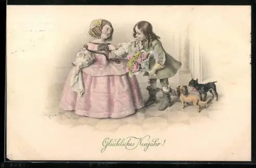 Künstler-AK H. Schubert: Kleiner Galan küsst der liebsten die Hand