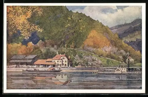 Künstler-AK Kirchberg ob der Donau, Obermühl, Ortspartie mit Dampferanlegestelle