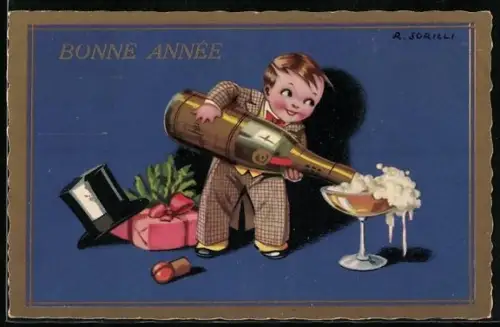 Künstler-AK sign. R. Sgrilli: Kleiner Herr schenkt sich Champagner ein