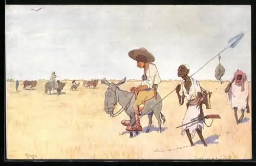 Künstler-AK Rudolf Pick: Mann auf Maultier, Afrikaner mit Lanze