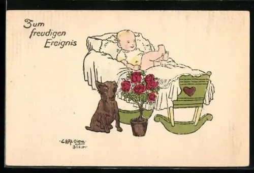 Künstler-AK Carl Diehl: Hund wacht bei dem Kind in der Wiege, Zum freudigen Ereignis
