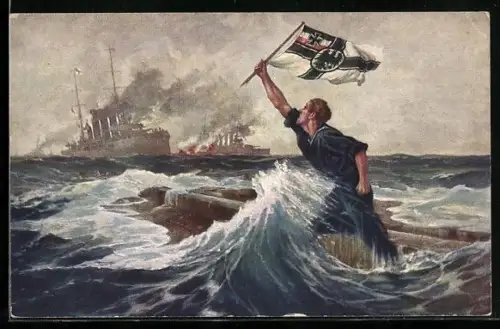 Künstler-AK Hans Bohrdt: Der letzte Mann, Matrose mit Reichskriegsflagge im Wasser stehend, englische Kriegsschiffe