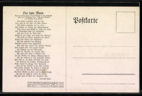 Künstler-AK Hans Bohrdt: Der letzte Mann, Matrose mit Reichskriegsflagge im Wasser stehend, englische Kriegsschiffe