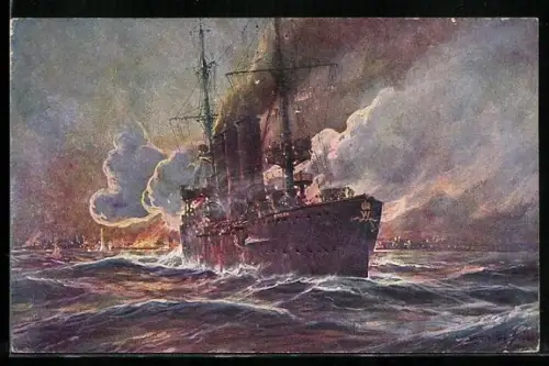 Künstler-AK Stoewer: Beschiessung von Madras, Britisch-Ostindien, Durch S.M. Kreuzer Emden