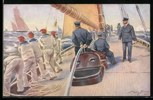 Künstler-AK Willy Stoewer: Matrosen beim Segelsetzen