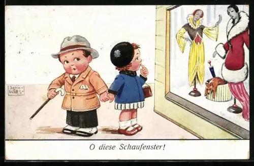 Künstler-AK John Wills: Kleines Liebespaar beim Schaufensterbummel