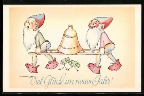 Künstler-AK Hilla Peyk: Zwerge tragen eine Glocke auf einer Leiter, Neujahr