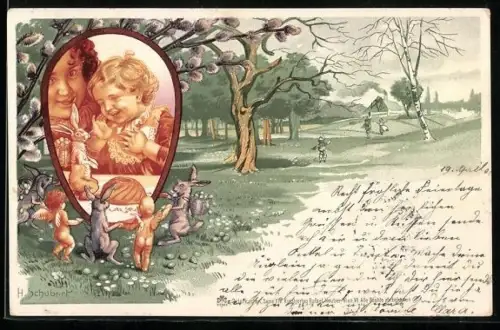 Künstler-Lithographie H. Schubert: idyllische Osterzeit