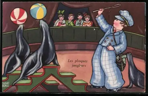 Künstler-AK Margret Boriss: Les phoques jongleurs, dressierte Seelöwen im Zirkus