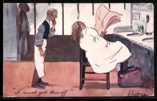 Künstler-AK L. Thackeray: Friseur mit zeitunglesendem Kunde