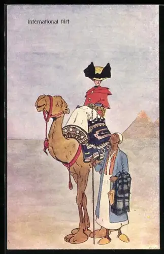 Künstler-AK Rudolf Pick: International flirt, Europäerin auf Kamel und Ägypter