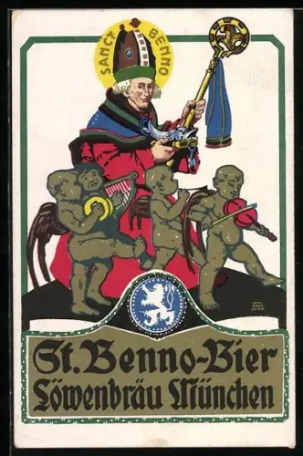 Künstler-AK Otto Obermeier, Münchener Löwenbräu, St. Benno-Bier, Geistlicher mit Engeln