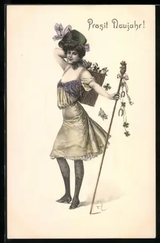 Künstler-AK Theo Zasche: Dame mit Schweinchen im Korb