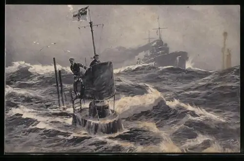 Künstler-AK Stoewer: Auf der Wacht, Unterseeboot in der Nordsee, Matrosen am Ausstieg