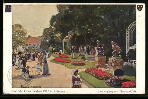 Künstler-AK Claus Bergen: München, Bayrische Gewerbeschau, Laubengang mit Theater-Café
