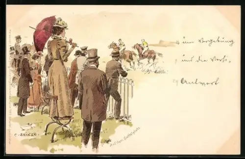 Künstler-AK Carl Becker: Besucher schauen gespannt das Pferderennen