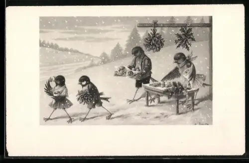 Künstler-AK C. Öhler: Vögelchen essen Äpfel