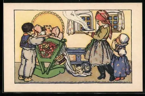 Künstler-AK M. Fischerova-Kvechova (MFK): Kinder an einer Wiege