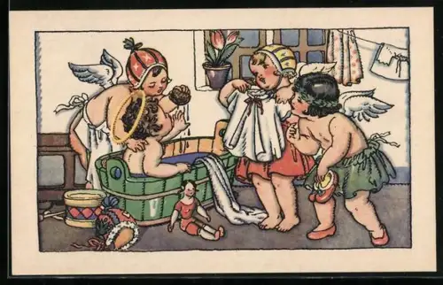 Künstler-AK M. Fischerova-Kvechova (MFK): Engel waschen das Christkind