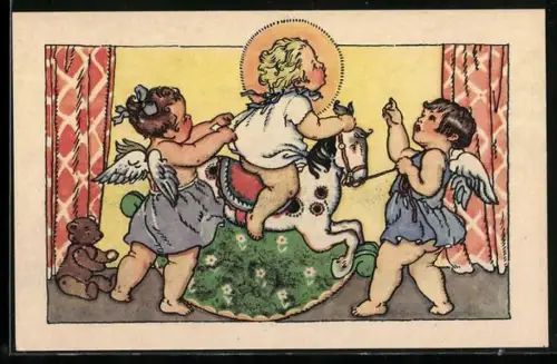 Künstler-AK M.Fischerova-Kvechova (MFK): Engel spielen mit einem Kind auf dem Schaukelpferd, Teddy