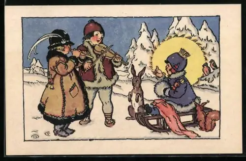 Künstler-AK M.Fischerova-Kvechova (MFK): Kinder musizieren, Mädchen mit Krone auf Schlitten, Hase sitzt aufrecht