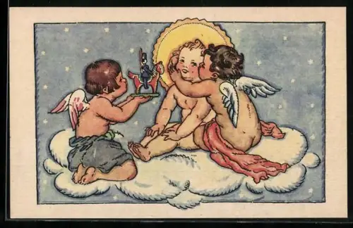 Künstler-AK M. Fischerova-Kvechova (MFK): Engelchen mit Spielzeug auf einer Wolke