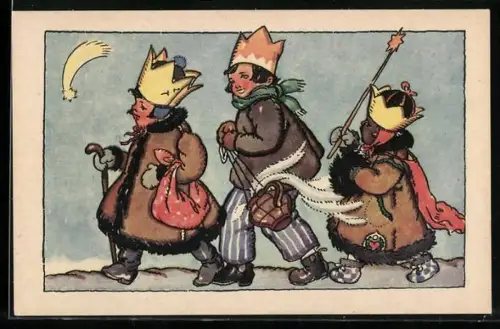 Künstler-AK M. Fischerova-Kvechova (MFK): Die drei Weisen aus dem Morgenland