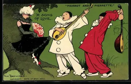 Künstler-AK Tom Browne: Harlekin musiziert für eine Dame
