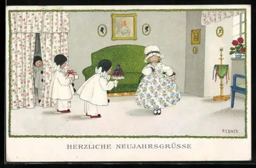 Künstler-AK Pauli Ebner: Harlekine als Geburtstagsgratulanten