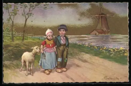 Künstler-AK E. Colombo: Paar in niederländischer Tracht und Schaf an der Leine beim Spaziergang, Windmühle