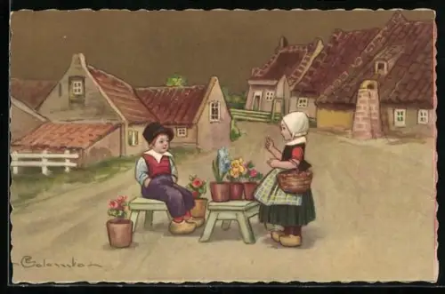 Künstler-AK E. Colombo: Holländische Kinder mit Blumen