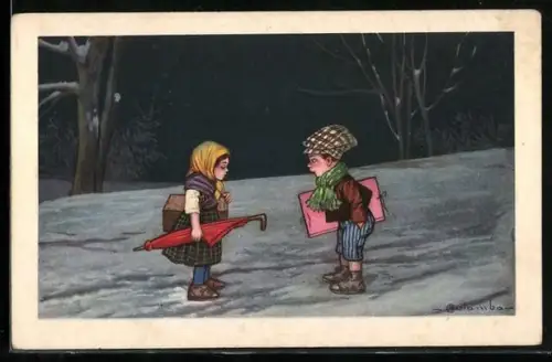 Künstler-AK E. Colombo: Kinder im winterlichen Wald