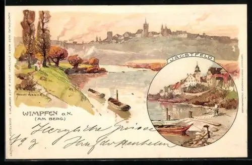 Lithographie Wimpfen a. N., Ansicht von Wimpfen am Berg, Jagstfeld