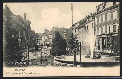 AK Colmar, Salmenplatz und Breisachstrasse, Springbrunnen