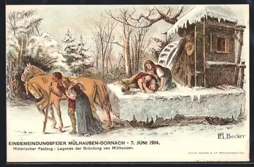 Künstler-AK Mülhausen-Dornach, Legende der Gründung von Mülhausen, Eingemeindungsfeier 1914