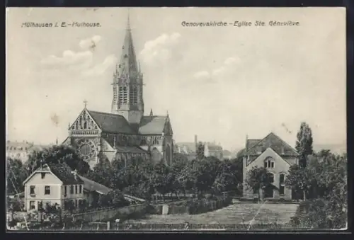 AK Mülhausen i. E., Genovevakirche aus der Vogelschau